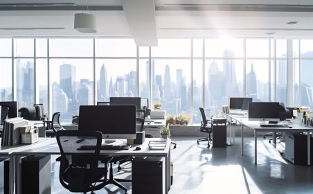 Generative AI Corner of modern Industrial style open space office with white walls, concrete floor, rows of computer tables and panoramic windows with blurry cityscape. 3d rendering